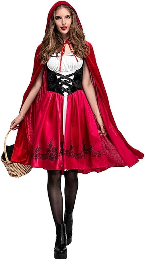 little red devil riding hood costume women, Christmas Halloween Party Dress with Cape Adult cosplay (Small)