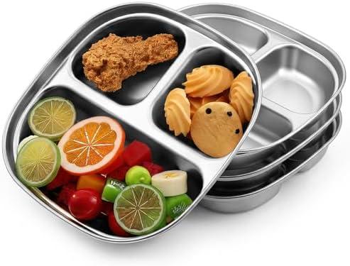 Oqqlin 4 Pcs Stainless Steel Kids Plates, 8 Inch 304 Stainless Steel Portion Control Plates Non Toxic Unbreakable Metal Divided Plate for School, Kitchen, Lunch