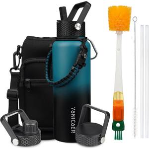 Insulated Water Bottle 40oz,Triple Wall Vacuum Stainless Steel(Dishwasher Safe),Leak Proof & Non-BPA, Flask Jug with Paracord Handle & Straw Spout Lids Sports Gradient indigo blue/black