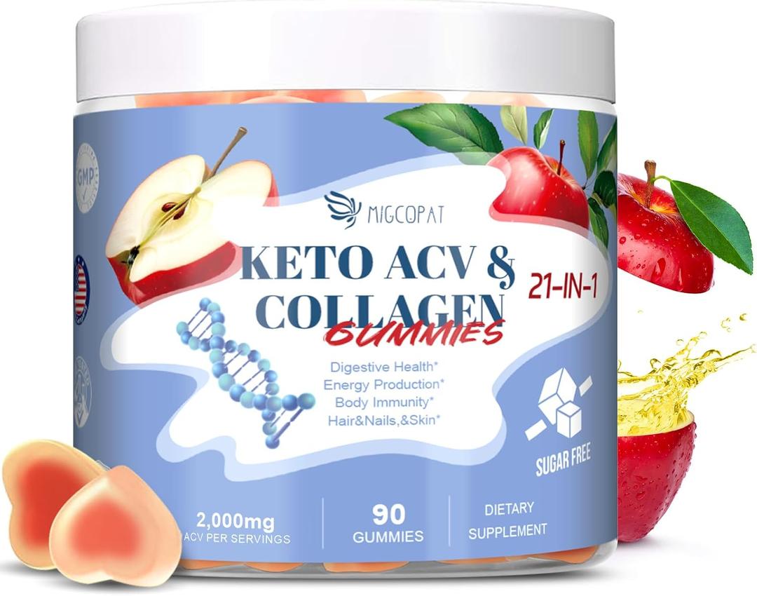 21 in 1 Keto ACV & Collagen Gummies, Sugar Free Apple Cider Vinegar Gummies with Biotin, Probiotics, Vitamins for Healthy Hair, Skin, Nails & Digestive Support, Apple Flavored, 90 Count, Best Before: 2027/03/28
