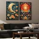 2Pcs Celestial Canvas Wall Art Vintage Tarot Mystical Moody Sun and Moon Floral Painting Picture Wall Decor Posters Print Artwork for Living Room Bedroom Home Decoration Unframed (24L" x 16W")