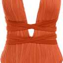 ZAFUL Women's One Piece Swimsuit Deep V Neck Ribbed Self Tie Sexy High Cut Bathing Suit Crisscross Back Swimwear (Medium, Orange)