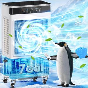 Swamp Cooler Air Conditioner with Dry Burn Protection, 4-in-1 Evaporative Air Cooler with 7-Gal Water Tank, 4 Modes, 3 Speeds, Remote, 12H Timer, Portable Windowless AC for Bedroom Home Office