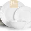 KINGSTONE Bone China Dinnerware Set, 24-Piece White Lightweight Porcelain with Textured Design Service for 8, Plates, Bowls, for Family Dining, Restaurants, Gifting，Microwave and Dishwasher Safe