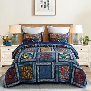DECMAY 100% Cotton California King Quilt - Oversized King Bedspread, Handmade Real Patchwork Quilts for All Season, Lightweight Country Quilt Sets with 2 Pillowcase (Royal Blue)