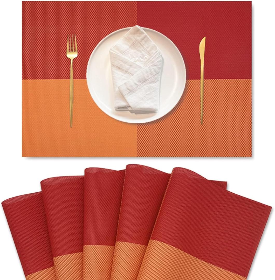 Table Placemats Set of 6 - PVC Heat-Resistant Placemats Washable Kitchen Table Mats Double Sided Placemats Easy to Clean Suitable for Dining Table Kitchen Restaurant (Orange red)