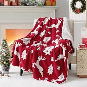 Bedsure Christmas Throw Blanket for Couch - Christmas Decorations Gifts for Women, Warm Sherpa Deer Throw Blanket, Red 50"x60"