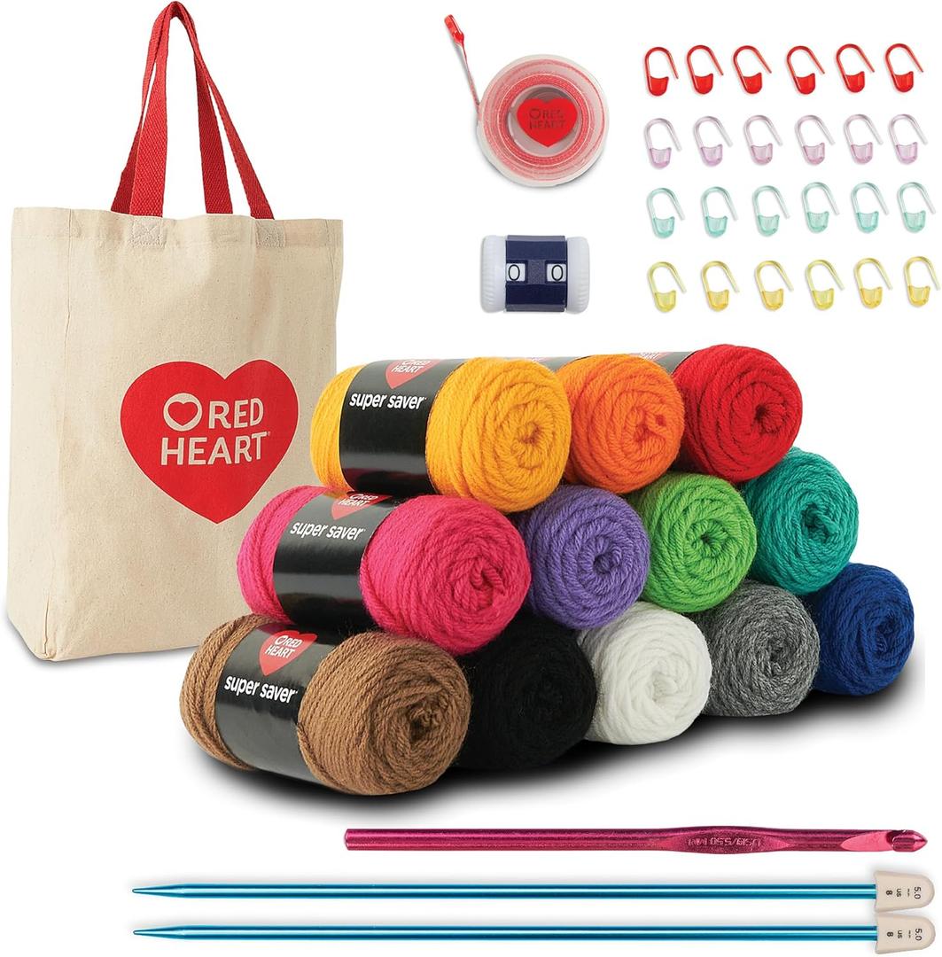 Red Heart Super Saver Yarn Stitchers Kit, 12 Balls, 1 Tote Bag, 1 Knitting Needle, 1 Crochet Hook, 1 Measuring Tape, 1 Knit Counter