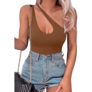 SAUNGKUAI Women's Sexy One Shoulder Sleeveless Cutout Thong Bodysuit Tank Top Body Suits V Backless Tummy Control Shapewear (Medium, Brown)