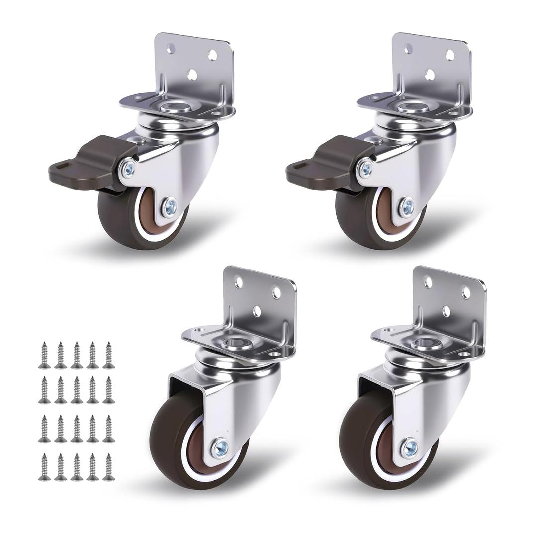 1 Inch Small Caster Wheels Set of 4, L-Bracket Casters Low Profile Side Mount Casters, Swivel Rubber Castors for Furniture, Under bed Drawer, DIY Project, Capacity Lbs: 97 Lbs (with 2 Brakes)