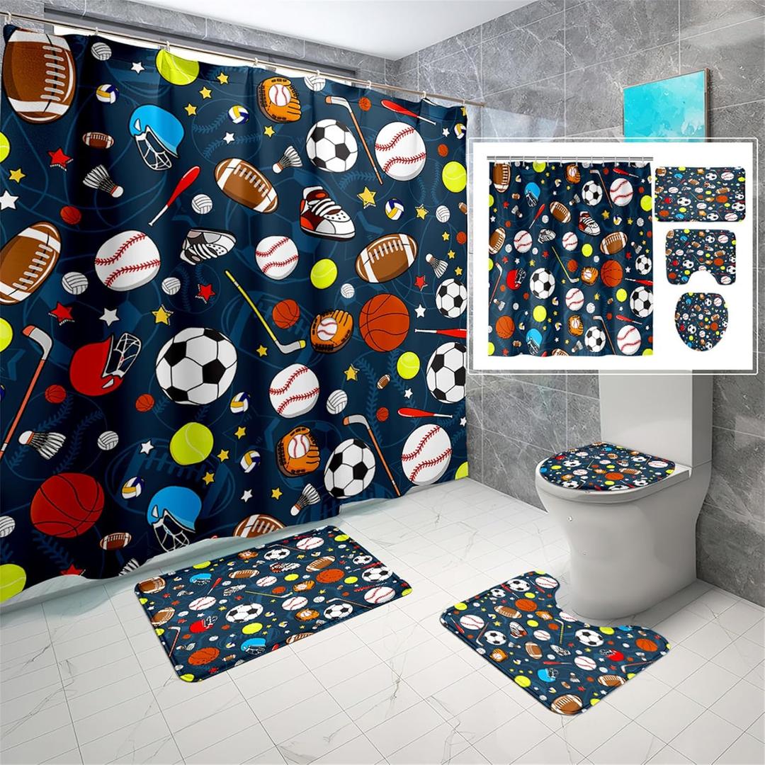 Sports Shower Curtain Set for Boys, 4-Piece Kids Sports Bathroom Set with Hooks, Football Basketball Sport Ball Theme Bathroom Decor Includes Rug, Toilet Cover and Bath Mat (Multi 322)