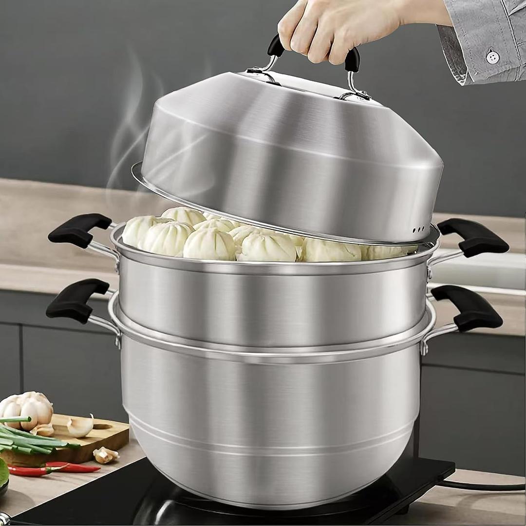 MANO Steamer Pot for Cooking 14.2 inch Steam Pots with Lid 2-tier Stainless Steel Steaming Pot Multipurpose Cookware with Handle for Vegetable, Dumpling, Stock, Sauce, Food