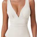 QINSEN Womens Sexy V Neck One Piece Bathing Suit Cross Back Swimsuit High Waist Monokini (Medium, White)