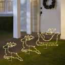 Christmas Pathway Lights Outdoor, Set of 3 Reindeer and Sleigh Christmas Walkway Decoration, with 150 Warm White Lights and 8 Lighting Modes