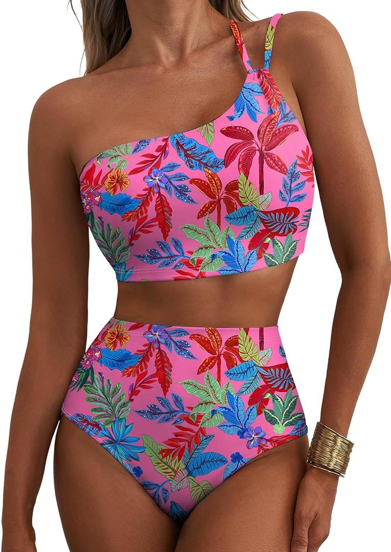 Herseas Women's High Waisted Bikini Sets One Shoulder Floral Print Swimsuits 2 piece Tummy Control Bathing Suits (Pink, L)