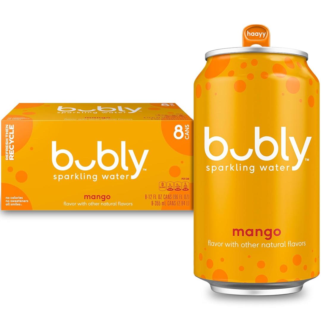 bubly Sparkling Water, Mango, Zero Sugar & Zero Calories, 12 Fl Oz Cans (Pack of 8) (EXP 07/13/26)