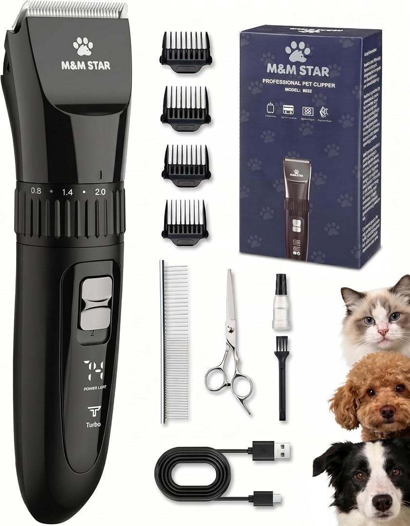 M&M STAR Dog Grooming Kit, Low Noise Dog Clippers, 2-Speed IPX7 Waterproof, Rechargeable Cordless Pet Hair Clippers Trimmer Shaver with LED Display for Dogs and Cats, Black