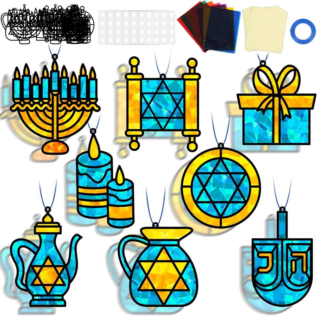 QOUBAI 32 Sets Hanukkah Suncatchers Craft Kit DIY Window Stained Glass Effect Chanukkah Paper Crafts for Home School Classroom Decoration Kid Birthday Gift Creative Art Project Activity Game