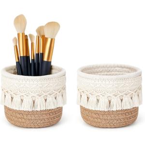 Mkono Macrame Makeup Brush Holder Organizer Comb Brushes Mini Storage Basket Set of 2 Boho Decor Baskets for Pen Pencil Box Container,Yellow and White (Brown)