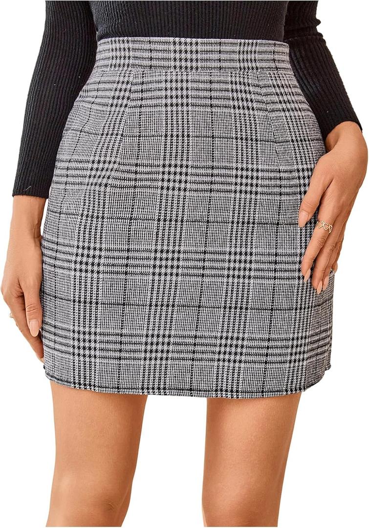 Floerns Women's Plaid High Waist Bodycon Split Mini Skirt (Large)