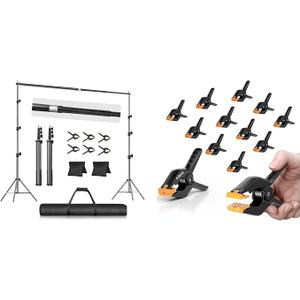 EMART 10x10FT Backdrop Stand, Photo Studio Back Drop Adjustable Stand with 6 Backdrop Clamps,2 Sandbags and Carry Bag + EMART 12 Pack Heavy Duty Spring Clamps 4.5 Inch
