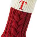 Edoneery Personalized Christmas Stockings with Initials, 18 Inches Xmas Embroidered Monogrammed Cable Knitted Stocking for Family, Holiday Hanging Decoration Gifts for Fireplace(Red and White T)