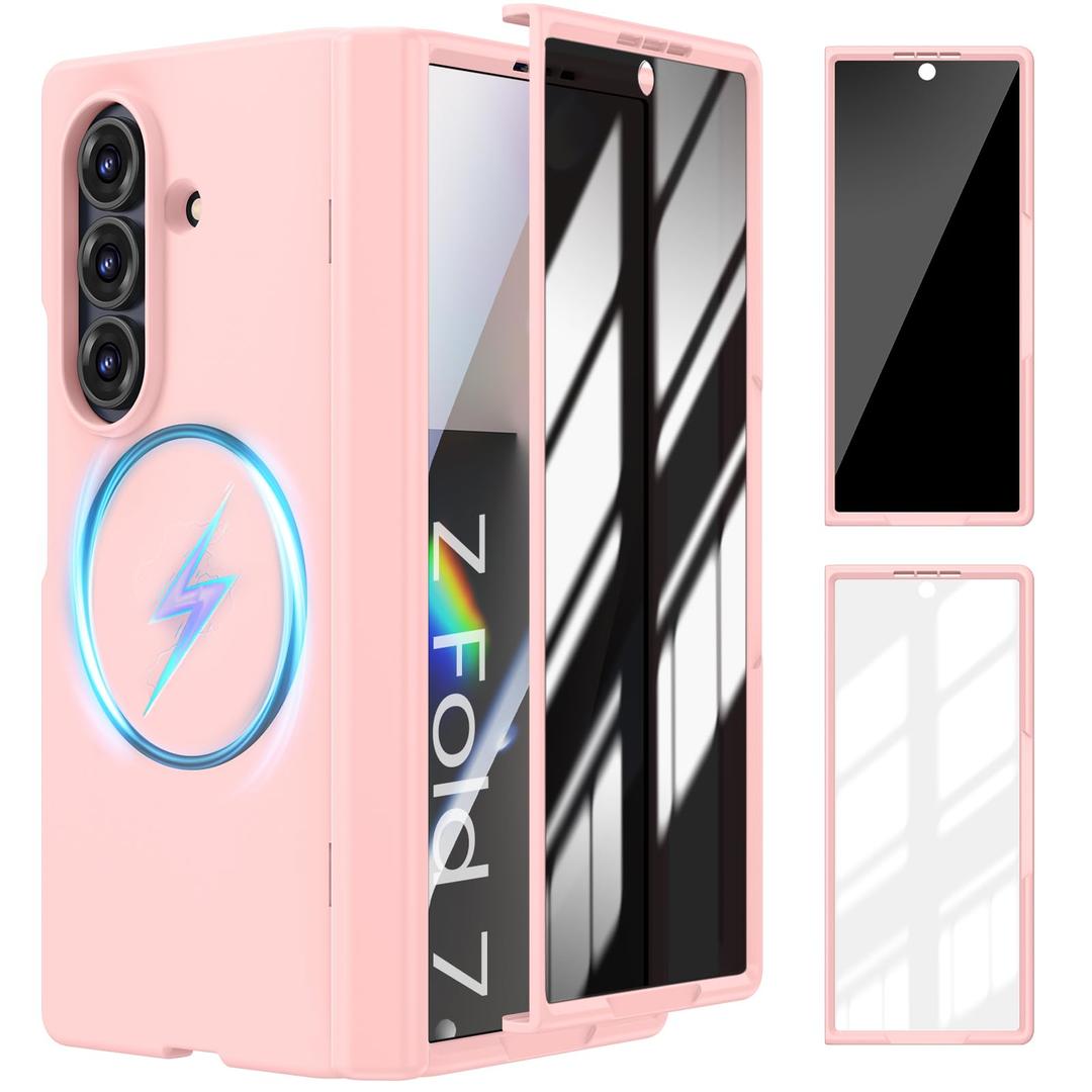 Goton Magnetic for Samsung Galaxy Z Fold 7 Case with Privacy Screen Protector + HD Screen Protectors, [Compatible with MagSafe] Full Body Shockproof Slim Cover with Hinge Protection, Pink