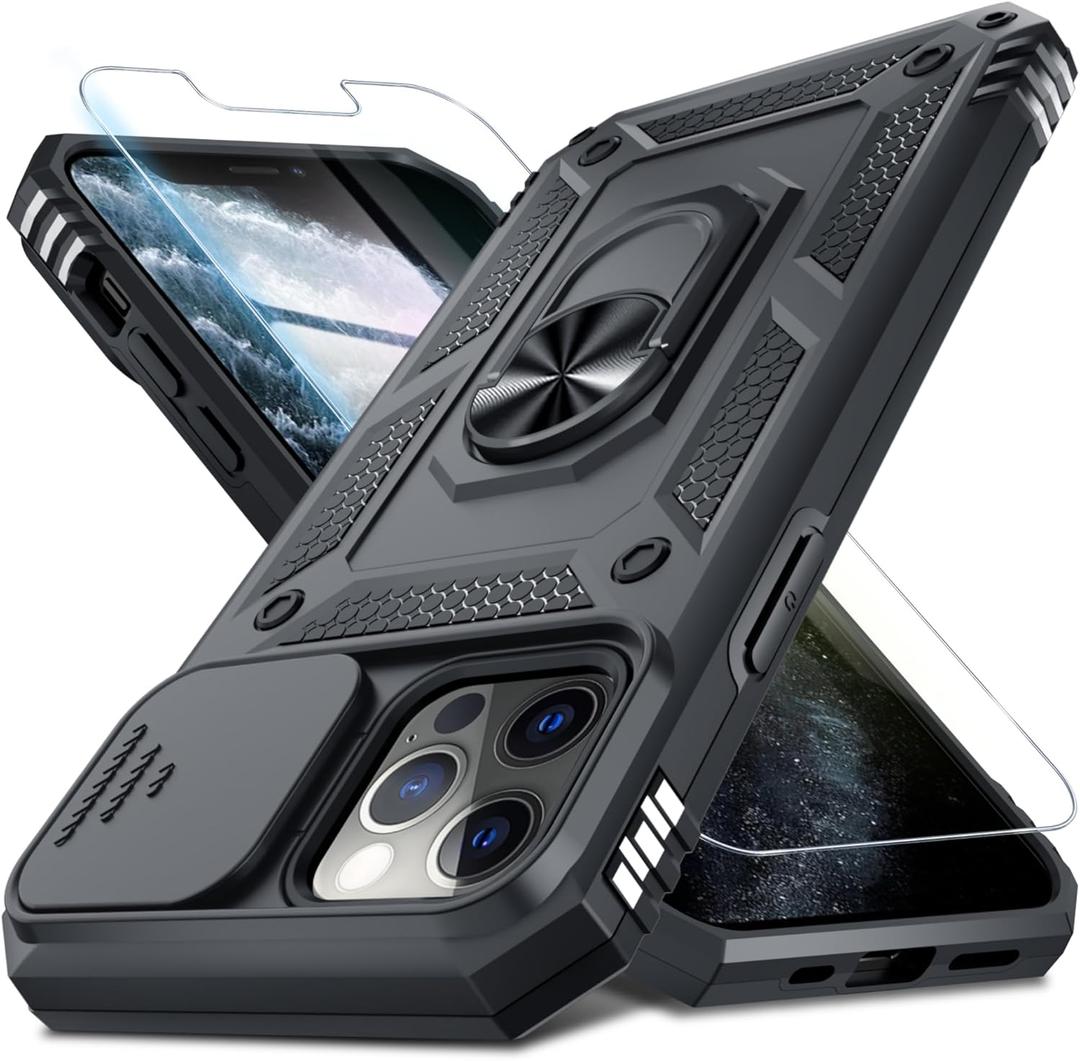Janmitta Case for iPhone 14 Pro Max Phone Cover Built in Slide Camera Lens Cover+Screen Protector,Heavy Duty Shockproof Full Body PhoneCase with Finger Ring Holder Kickstand,Black