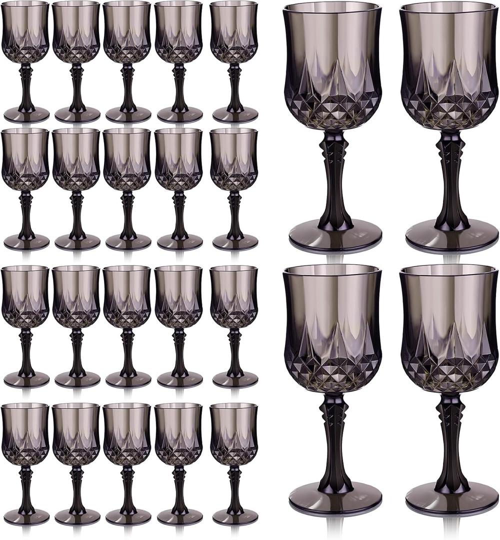 Dualshine 24 Pack Plastic Glasses, Black Plastic Goblets for Wedding Reception, Drinking Glasses for PartiesHalloweenBirthdaysGifts
