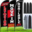 Buryeah Black 3 Set Feather Flag Kit Now Leasing Move in Special Available Flag with Pole Ground Stake and Bag Leasing Sign for Advertising Renting Welcome Banner for Outside Ground (7 ft)