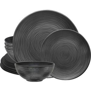 Bzyoo 12 Piece Melamine Dinnerware Set - Durable, Dishwasher Safe Organica Black Plates and Bowls Sets Casual Dish Set for Dining, Outdoor and Kitchen