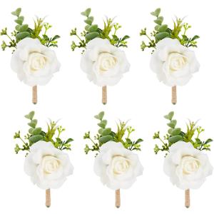 Ivory Rose Boutonniere for Men,Set of 6,Groom and Best Man Boutonnieres with Artificial Flower,for Wedding Ceremony Anniversary, Formal Dinner Party, Fall Vintage Rustic Marriage Prom