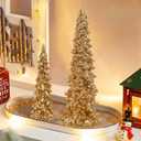 Juegoal Christmas Tree Table Decorations Set of 2, 9.5" Golden Resin Xmas Pine Trees, Vintage Tabletop Trees Ornaments Dinner Holiday Party Supplies, Winter Mantle Shelf Centerpieces Decor