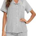 Aamikast Button Up Pajama Set for Women Shorts Short Sleeve Knit Sleepwear 2 Pice Pjs Sets (Gray, XL)