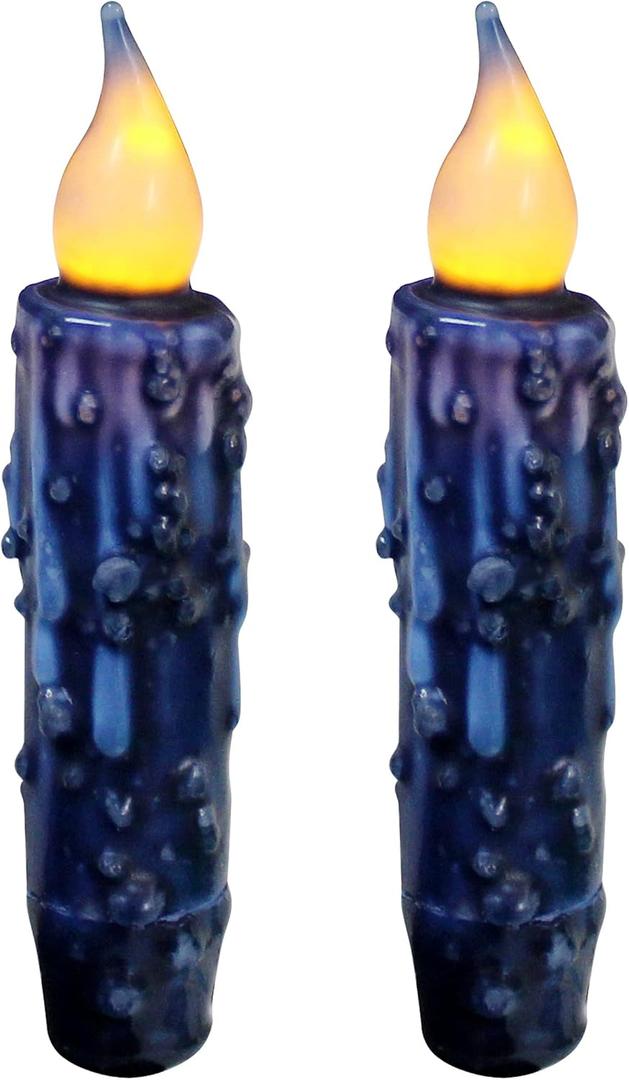 CVHOMEDECO. Real Wax Hand Dipped Battery Operated LED Timer Taper Candles Rustic Primitive Flameless Lights Decor, 4-3/4 Inch, Navy Blue, 2 PCS in a Package