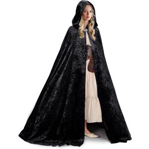 Ibeauti Velvet Cloak with Hood Women Full Length Halloween Witch Vampire Renaissance Medieval Costume Cape (Black)