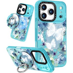 Lotadilo Case for iPhone 17 Pro Case Compatible with Magsafe Ring Holder Stand - for Women Ink Butterfly Design TPU Phone Cover for Girls Girly Funny Fashion
