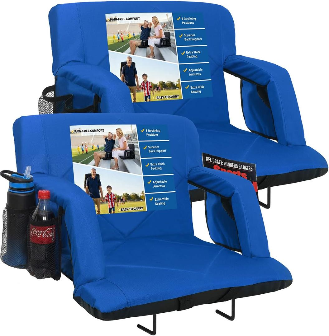 Sheenive Stadium Seats with Back Support (380 lbs) - 2.8'' Thick Comfy Cushion, 6 Adjustable Angles Bleacher Seat with Armrests - Includes Backpack Strap, Carry Handle, 2 Cup Holders & 2 Large Pockets, 20.5" Wide