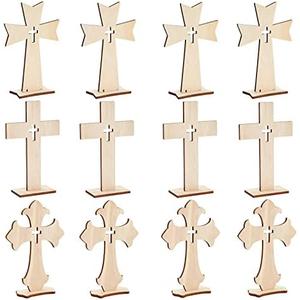 Bright Creations Wooden Crosses for Crafts - 12-Pack, 3 Sizes & Light Brown Unfinished Wood - DIY Blank Crosses with Stands - for Baptism Favors & Table Centerpieces