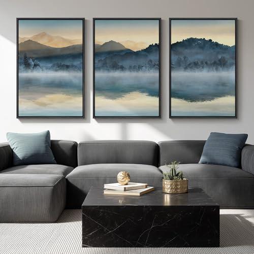 Framed Watercolor Mountain Wall Art for Living Room, Large Lake Nature Landscape Artwork for Walls, 3 Piece Blue Foggy Scenic Aesthetic Canvas Painting Prints for Office Hallway Wall Decor, 24x36 Inch