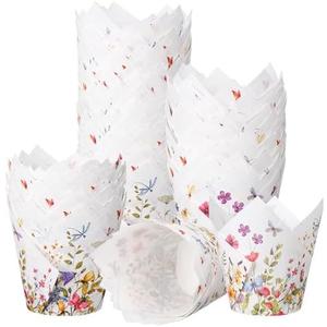 Vesici 200 Counts Wildflower Tulip Cupcake Liners Wildflower Baby Shower Decorations Liners Tulip for Baking Cups for Spring Easter Bridal Shower Wedding Festival Party