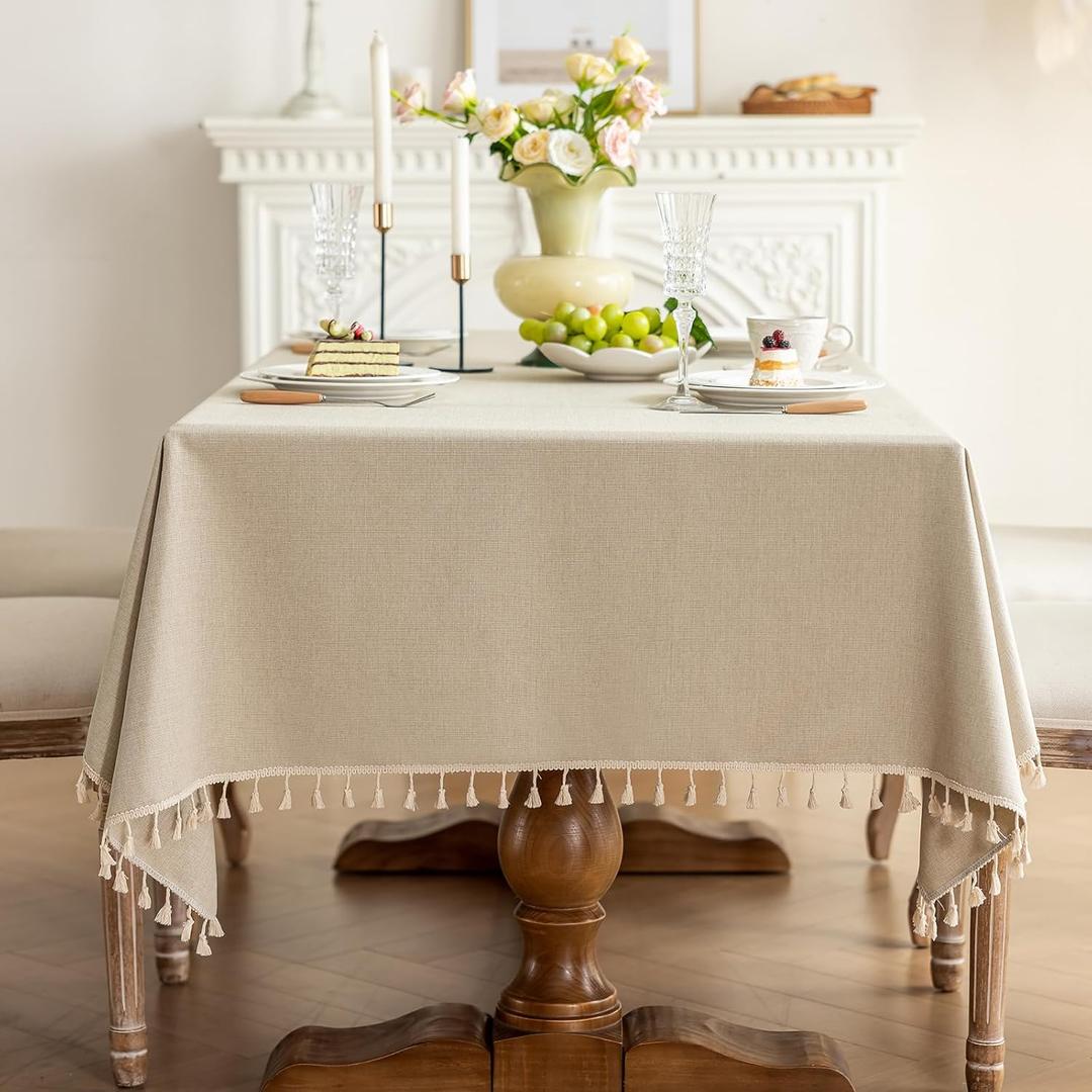 1 Pack Heavy Duty Cotton Tablecloth Soft Wrinkle Resistant Fabric with Decorative Tassles Fringe for Kitchen Dining Table, Warm Beige, 55x55 Inch