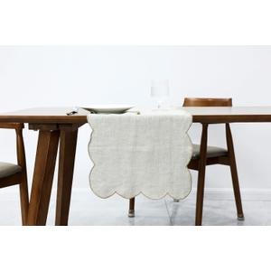 100% Natural Linen Rustic Scalloped Embroidery Table Runner 60 Inches, Linen Table Runner 14 x 60 Inch Ideal for Dresser and Dining Tables Decor, 2-4 Sets, Linen(Edges-Gold)