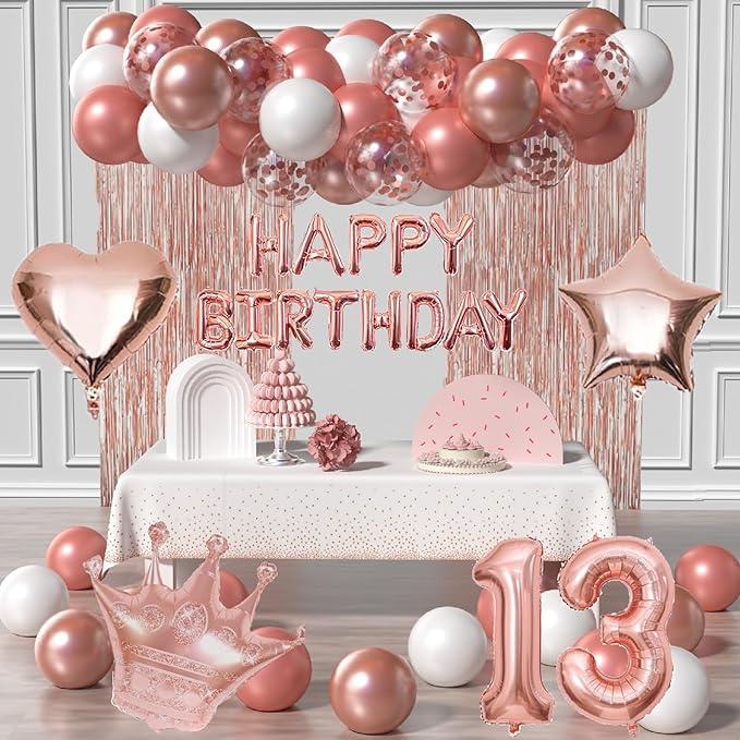 13th Birthday Decorations For Girls-Rose Gold 13 B-DAY Girl Decorations Include Rose Gold White Balloons, Happy Birthday/Love Crown 13 Number Foil Balloons, Tablecloth,Fringe Curtains 2 Pcs