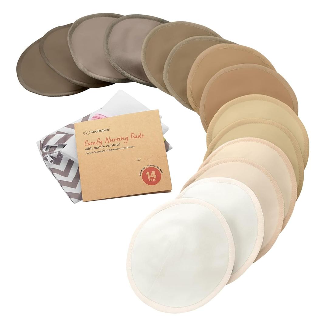 Organic Nursing Pads - 14 Washable Breast Pads for Breastfeeding, Wash Bag, Viscose Derived from Bamboo Reusable Nipple Covers for Breastfeeding Essentials, Soft & Absorbent (Coffee, L 4.8")