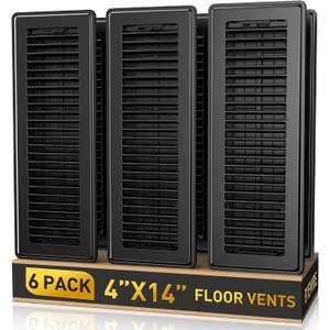 4x14 Floor Register 6-Pack, Heavy Duty Steel Walkable Vent Covers for Home Floor, Adjustable Quiet Airflow Vent Grill, Rust-Proof Black 14x4 Floor Vents