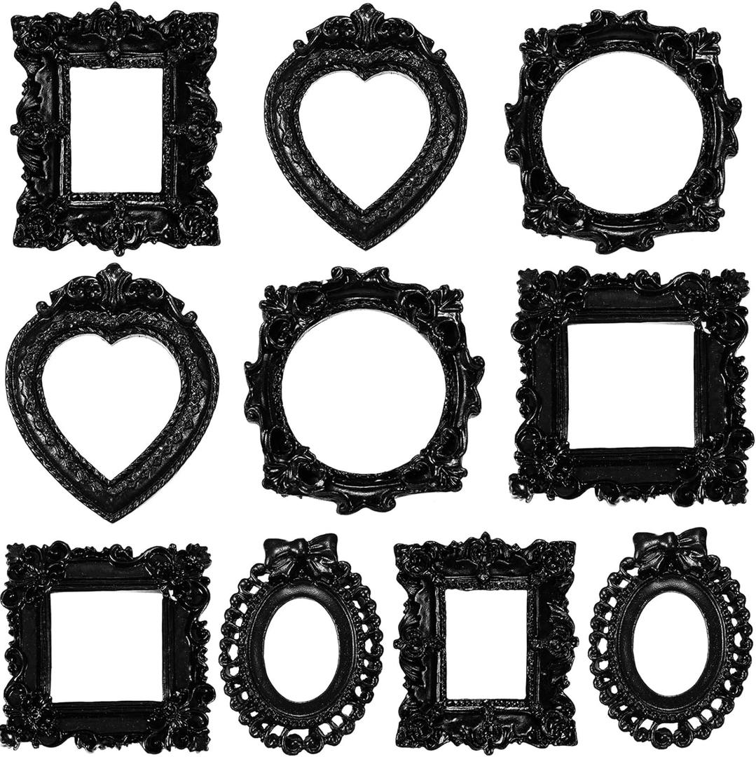 Vicenpal 10 Pcs Vintage Mini Picture Frames Baroque Antique Small Resin Jewelry Display Table Frame for Christmas DIY Photo Holiday Party Decoration (Black)