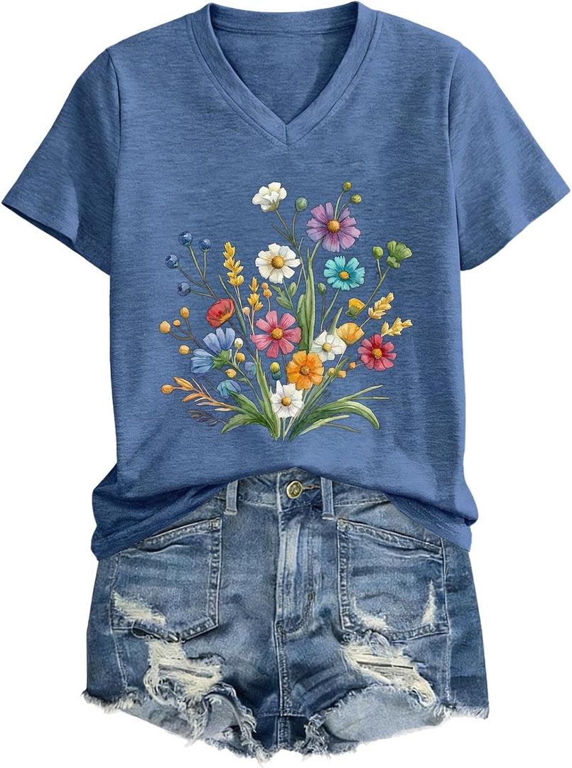 Womens Graphic T Shirts V Neck Vintage Tees Floral Tops Teacher Shirts Blue (Blue, XL)