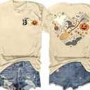 Halloween Shirts Women Fall Pumpkin Tshirt Ghost T Shirt Skeleton Tops Casual V Neck Short Sleeve Tees (Yellow, XL)