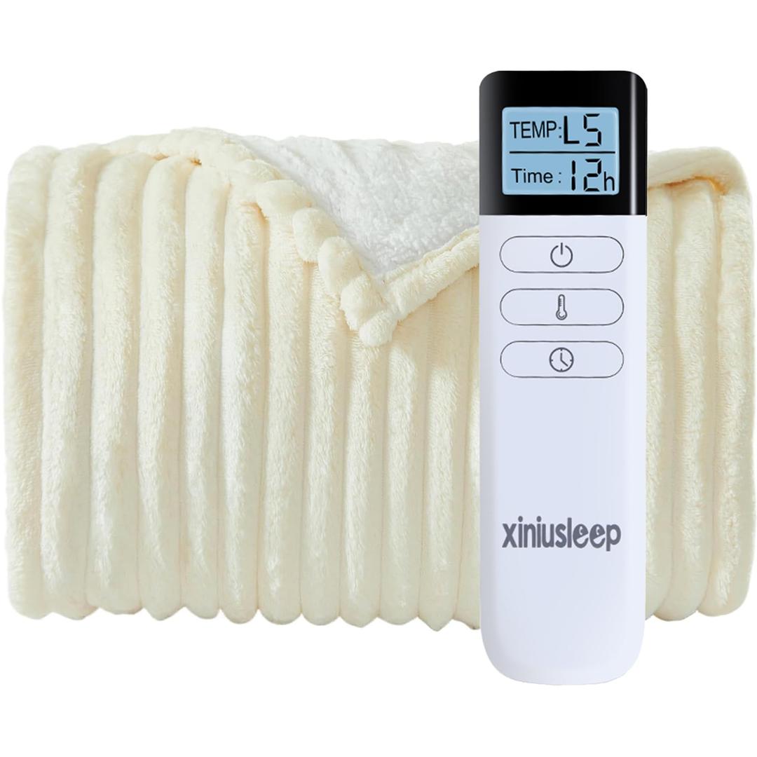 Heated Blanket Electric Blanket 90"x90", Soft Flannel Sherpa Electric Throw with 5 Heating Level & 12 Times Setting, Heated Throw with Overheating Protection, Machine Washable (Beige)
